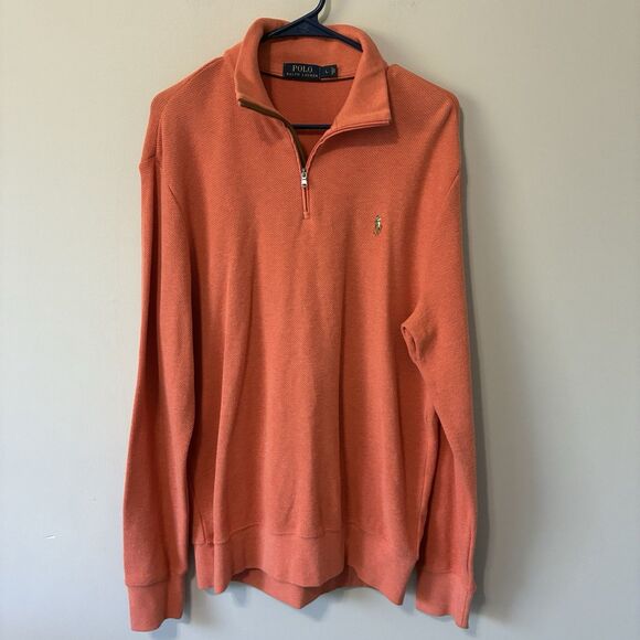 Polo Ralph Lauren Men’s Large Mesh Knit Orange 1/4 Zip Sweater Multicolor Pony - Picture 1 of 10
